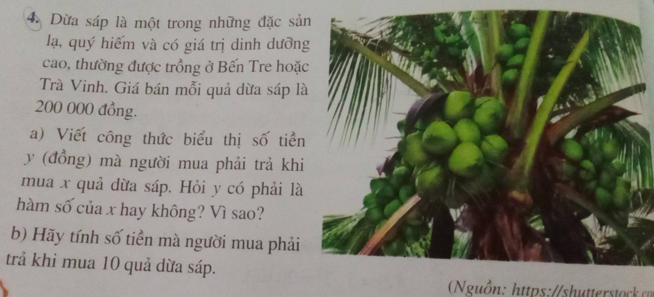 Dừa sáp là một trong những đặc sả 
lạ, quý hiếm và có giá trị dinh dưỡn 
cao, thường được trồng ở Bến Tre hoặc 
Trà Vinh. Giá bán mỗi quả dừa sáp là
200 000 đồng. 
a) Viết công thức biểu thị số tiền
y (đồng) mà người mua phải trả khi 
mua x quả dừa sáp. Hỏi y có phải là 
hàm số của x hay không? Vì sao? 
b) Hãy tính số tiền mà người mua phải 
trả khi mua 10 quả dừa sáp. 
(Nguồn: https://shutterstock ca