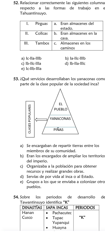 Relacionar correctamente las siguientes columna
respecto a las formas de trabajo en e
Tahuantinsuyo.
a) lc-11a-IIIb b) |a-1|c-1||b
c) 1b-IIc-I11a d) lb-11a-111c
e) lc-IIb-IIIa
53. ¿Qué servicios desarrollaban los yanaconas come
parte de la clase popular de la sociedad inca?
a) Se encargaban de repartir tierras entre los
miembros de su comunidad.
b) Eran los encargados de ampliar los territorios
del imperio.
c) Organizaba a la población para obtener
recursos y realizar grandes obras.
d) Servías de por vida al inca o al Estado.
e) Grupos a los que se enviaba a colonizar otro
pueblos.
54. Sobre los periodos de desarrollo de
Tawantinsuyo identifica “ K ”