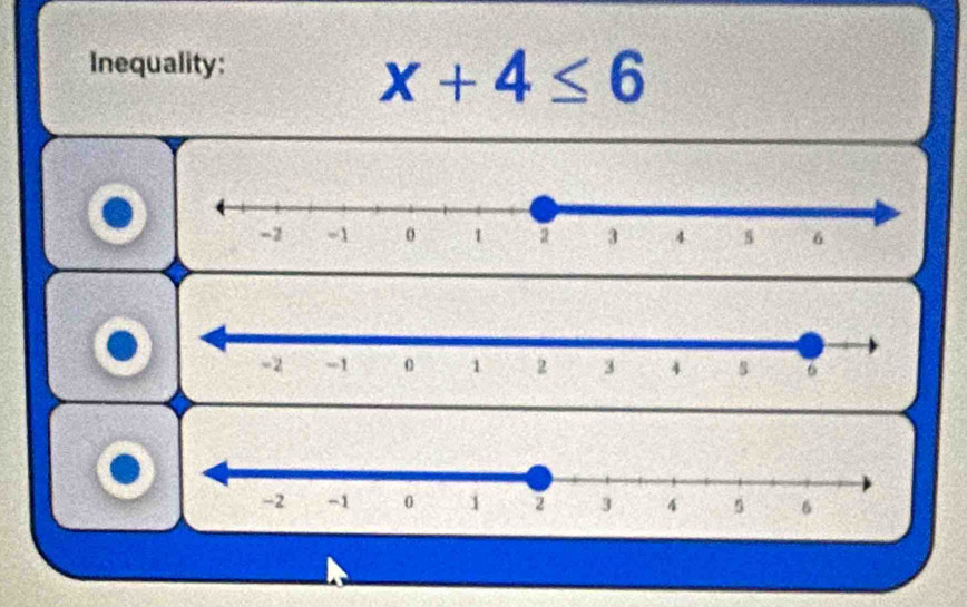 Inequality:
x+4≤ 6