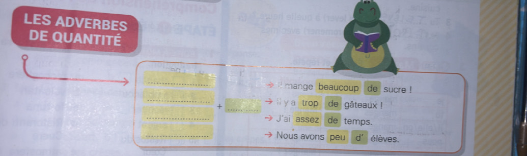 LES ADVERBES 
DE QUANTITÉ 
_ 
_ 
mange beaucoup de sucre ! 
_ 
_+ 
i y a trop de gâteaux ! 
_ 
J'ai assez de temps. 
_ 
Nous avons peu d' élèves.