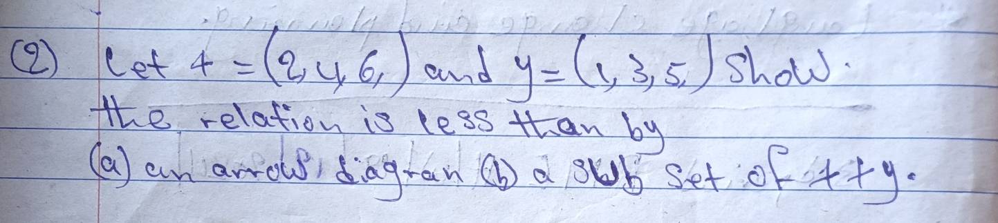 ( cet4=(2,y,6) and y=(1,3,5) show. 
the relation is less than by 
(a) an arrous)dingran ( a 3ub set of++y.