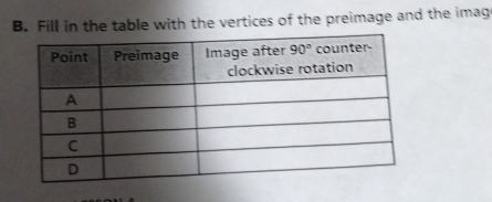 Fill in the table with the vertices of the preimage and the imag