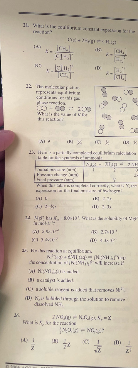 What is the equilibrium constant expression for the
reaction?
C(s)+2H_2(g)leftharpoons CH_4(g)
(A) K=frac [CH_4][C][H_2]^2 (B) K=frac [CH_4][H_2]^2
(C) K=frac [C][H_2]^2[CH_4] (D) K=frac [H_2]^2[CH_4]
22. The molecular picture
represents equilibrium
conditions for this gas
phase reaction.
OO+OO=200
What is the value of K for
this reaction?
(A) 9 (B) % (C) (D)
23. Here is a partially completed equilibrium calculation
table for the synthesis of ammonia
When this table is completed correctly, what is Y, the
expression for the final pressure of hydrogen?
(A) 0 (B) 2-2x
(C) 2-¾x (D) 2-3x
24. M 30° has K_sp=8.0* 10^(-8). What is the solubility of MgH
in mo · I^(-1)
(A) 2.8* 10^(-4) (B) 2.7* 10^(-3)
(C) 3.4* 10^(-3) (D) 4.3* 10^(-3)
25. For this reaction at equilibrium,
Ni^(2+)(aq)+6NH_3(aq)leftharpoons [Ni(NH_3)_6]^2+(aq)
the concentration of [Ni(NH_3)_6]^2+ will increase if
(A) Ni(NO_3)_2(s) is added.
(B) a catalyst is added.
(C) a soluble reagent is added that removes Ni^(2+).
(D) N_2 is bubbled through the solution to remove
dissolved NH_3.
26.
2NO_2(g)leftharpoons N_2O_4(g),K_p=Z
What is K for the reaction
 1/2 N_2O_4(g)leftharpoons NO_2(g) ?
(A)  1/Z  (B)  1/2 Z (C)  1/sqrt(z)  (D)  1/Z^2 