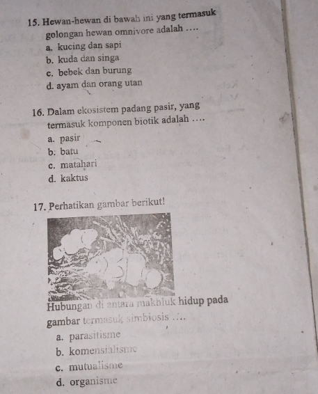 Hewan-hewan di bawah ini yang termasuk
golongan hewan omnivore adalah …
a. kucing dan sapi
b. kuda dan singa
c. bebek dan burung
d. ayam dan orang utan
16. Dalam ekosistem padang pasir, yang
termasuk komponen biotik adalah …
a. pasir
b; batu
c. matahari
d. kaktus
17. Perhatikan gambar berikut!
Hubungaidup pada
gambar termasuk simbiosis ....
a. parasitisme
b. komensialisme
c. mutualisme
d. organisme