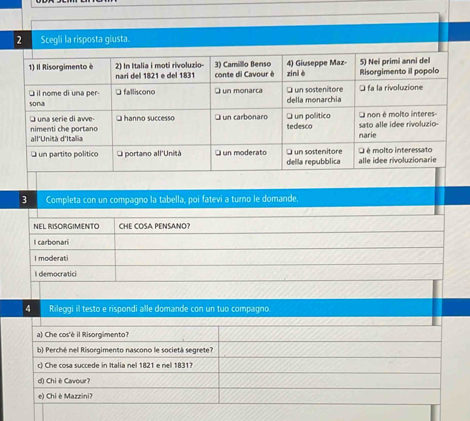 Completa con un compagno la tabella, poi fatevi a turno le domande.
NEL RISORGIMENTO CHE COSA PENSANO?
I carbonari
I moderati
I democratici
4 Rileggi il testo e rispondi alle domande con un tuo compagno.