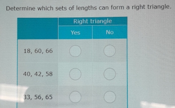 Determine which sets of lengths can form a right triangle.