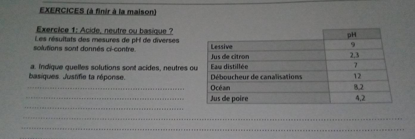 EXERCICES (à finir à la maison) 
Exercice 1: Acide, neutre ou basique ? 
Les résultats des mesures de pH de diverses 
solutions sont donnés ci-contre. 
a. Indique quelles solutions sont acides, neutres o 
basiques. Justifie ta réponse. 
_ 
_ 
_ 
_ 
_