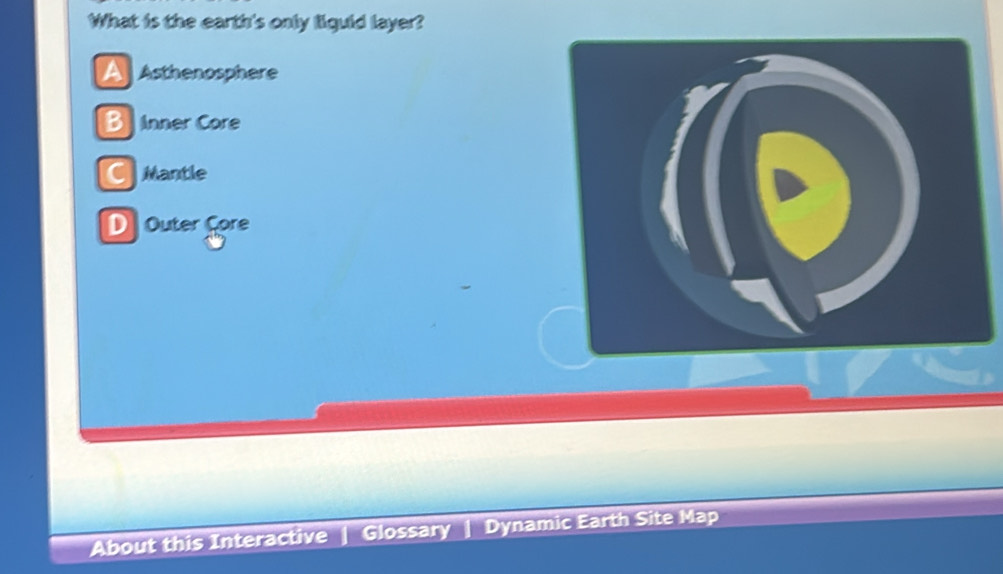 What is the earth's only liguid layer?
A Asthenosphere
B inner Core
CMantle
D Outer Çore
About this Interactive Glossary Dynamic Earth Site Map