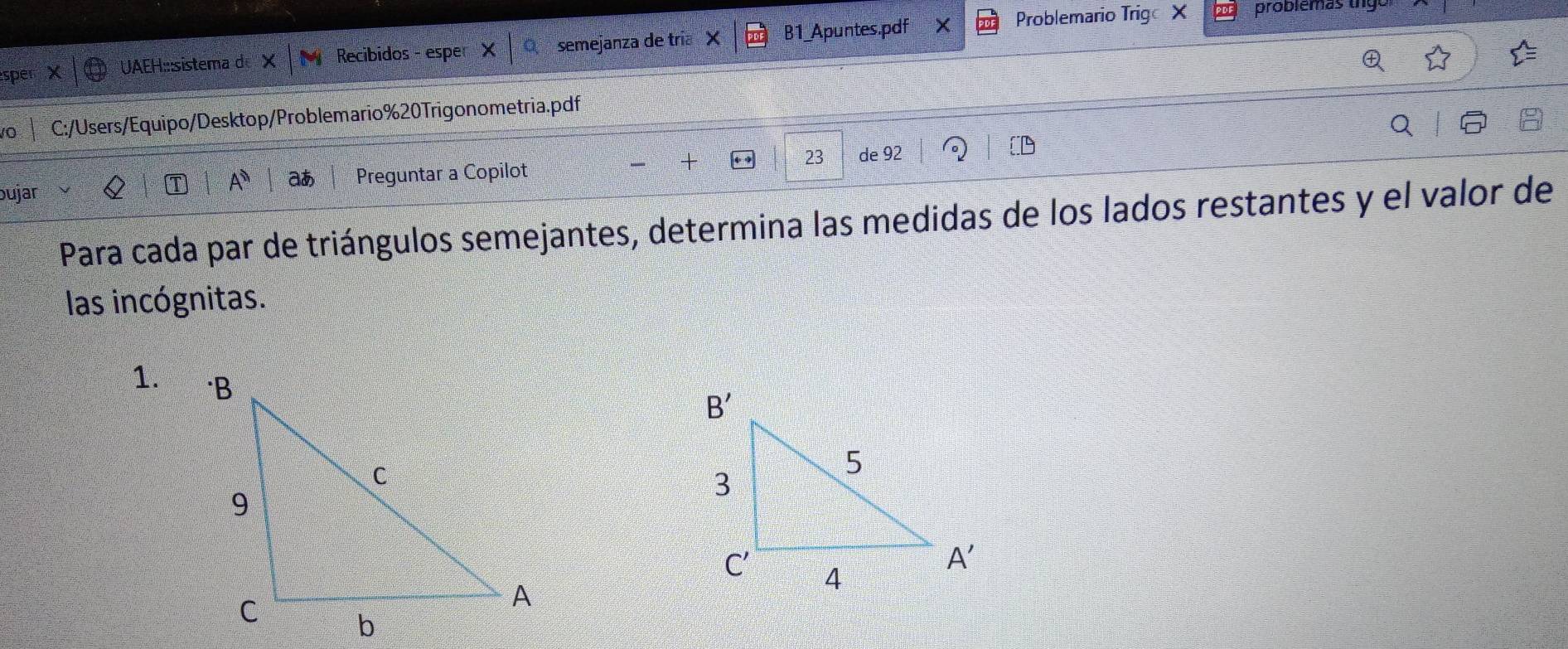 UAEH:::sistema d x| Recibidos - esper semejanza de tría B1_Apuntes.pdf
Problemario Trigo X  problemas tngo
0 C:/Users/Equipo/Desktop/Problemario%20Trigonometria.pdf
bujar Preguntar a Copilot 23 de 92
D
A a
Para cada par de triángulos semejantes, determina las medidas de los lados restantes y el valor de
las incógnitas.
1.