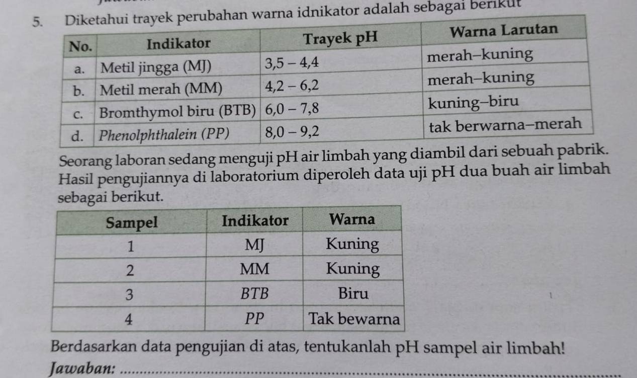 idnikator adalah sebagai berikut 
Seorang laboran sedang menguji pH air limbah yang diambil dari sebua 
Hasil pengujiannya di laboratorium diperoleh data uji pH dua buah air limbah 
sebagai berikut. 
Berdasarkan data pengujian di atas, tentukanlah pH sampel air limbah! 
Jawaban:_