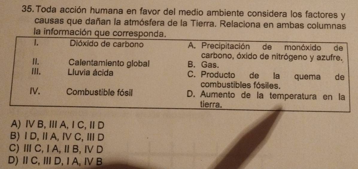 Toda acción humana en favor del medio ambiente considera los factores y
causas que dañan la atmósfera de la Tierra. Relaciona en ambas columnas
la información que corresponda.
1. Dióxido de carbono A. Precipitación de monóxido de
carbono, óxido de nitrógeno y azufre.
II. Calentamiento global B. Gas.
III. luvia ácida C. Producto de la quema de
combustibles fósiles.
IV. Combustible fósil D. Aumento de la temperatura en la
tierra.
A) Ⅳ B, ⅢA, Ⅰ C,Ⅱ D
B) Ⅰ D,ⅡA, Ⅳ C,ⅢD
C)ⅢC, ⅠA,ⅡB, ⅣD
D)ⅡC, ⅢD, Ⅰ A, ⅣB