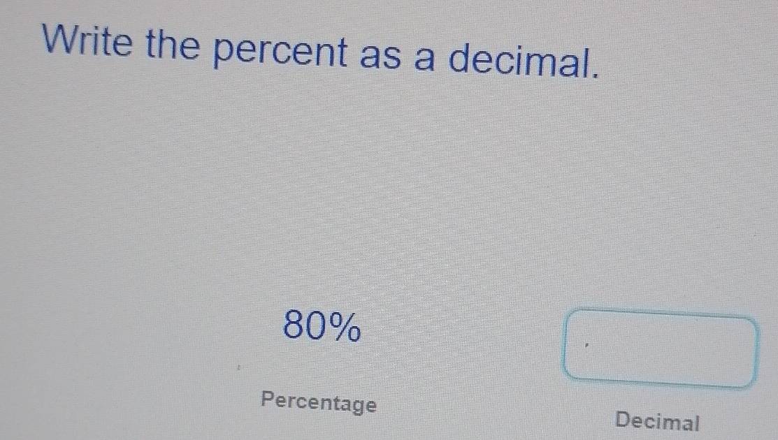 Write the percent as a decimal.
80%
Percentage Decimal