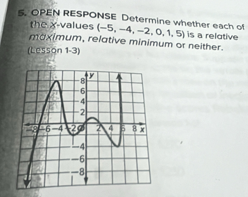 OPEN RESPONSE Determine whether each of 
the x -values (−5, −4, - 7 0,1,5) is a relative 
maximum, relative minimum or neither. 
(Lesson 1-3)