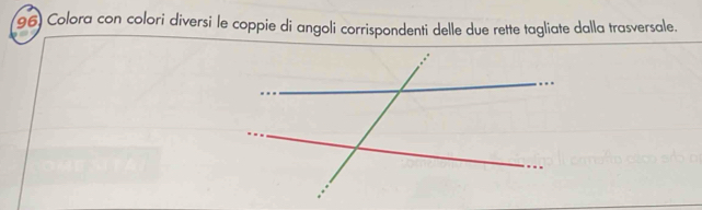 Colora con colori diversi le coppie di angoli corrispondenti delle due rette tagliate dalla trasversale.