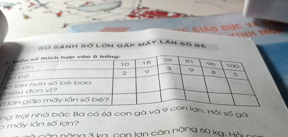 giáo dục và 
SO sánh Số lớn gấp mấy lần số bé VINH MON 
n
6
tng trại nhà bác Ba có 63 con g số g
6 mấy lần số lợn? 
năn năng 3 ka, con lơn cân nặng 60 kg. Hội ca