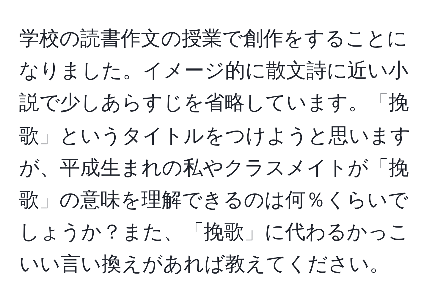 学校の読書作文の授業で創作をすることになりました。イメージ的に散文詩に近い小説で少しあらすじを省略しています。「挽歌」というタイトルをつけようと思いますが、平成生まれの私やクラスメイトが「挽歌」の意味を理解できるのは何％くらいでしょうか？また、「挽歌」に代わるかっこいい言い換えがあれば教えてください。