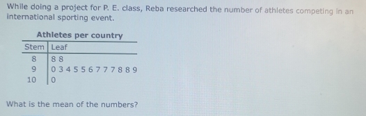 While doing a project for P. E. class, Reba researched the number of athletes competing in an 
international sporting event. 
What is the mean of the numbers?