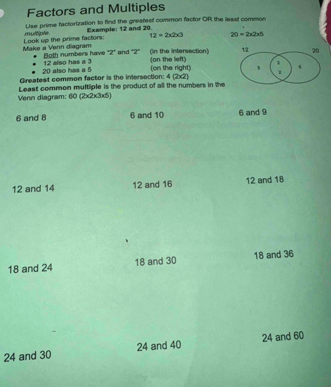 Factors and Multiples 
Use prime factorization to find the greatest common factor OR the least common 
multiple. Example: 12 and 20. 
Look up the prime factors:
12=2* 2* 3
20=2* 2* 5
Make a Venn diagram 
Both numbers have “ 2" and "2 ” (in the intersection) 12
20
12 also has a 3 (on the left)
2
20 also has a 5 (on the right)
3
5
Greatest common factor is the intersection: 4(2* 2) 2
Least common multiple is the product of all the numbers in the 
Venn diagram: 60(2* 2* 3* 5)
6 and 8 6 and 10 6 and 9
12 and 14 12 and 16 12 and 18
18 and 24 18 and 30 18 and 36
24 and 30 24 and 40 24 and 60