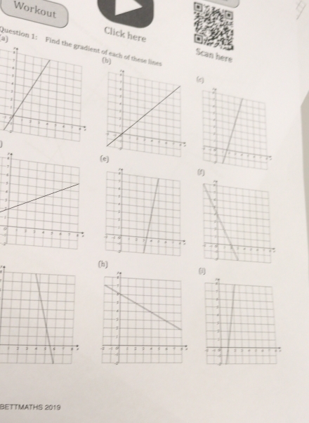 Workout Click here 
a) 
Question 1: Find the gradient of each of these lines (b) 
Scan here 

1 
(h) 
j 
BETTMATHS 2019