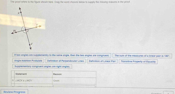 The proof refers to the figure shown here. Drag the word choices below to supply the missing reasons in the proof.
if two angles are supplementry to the same angle, then the two angles are congruent. The sum of the measures of a linear pair is 180°.
Angle Addition Postulate Definition of Perpendicular Lines Definition of Linear Pair Transitive Property of Equality
Supplementary congruent angles are right angles.
Statement Reason
1 ∠ WZX≌ ∠ WZV Given
Review Progress