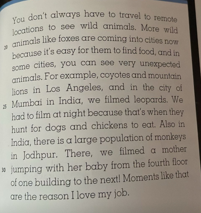 You don't always have to travel to remote 
locations to see wild animals. More wild 
w animals like foxes are coming into cities now 
because it’s easy for them to find food, and in 
some cities, you can see very unexpected 
animals. For example, coyotes and mountain 
lions in Los Angeles, and in the city of 
1 Mumbai in India, we filmed leopards. We 
had to film at night because that's when they 
hunt for dogs and chickens to eat. Also in 
India, there is a large population of monkeys 
in Jodhpur. There, we filmed a mother
30 jumping with her baby from the fourth floor 
of one building to the next! Moments like that 
are the reason I love my job.