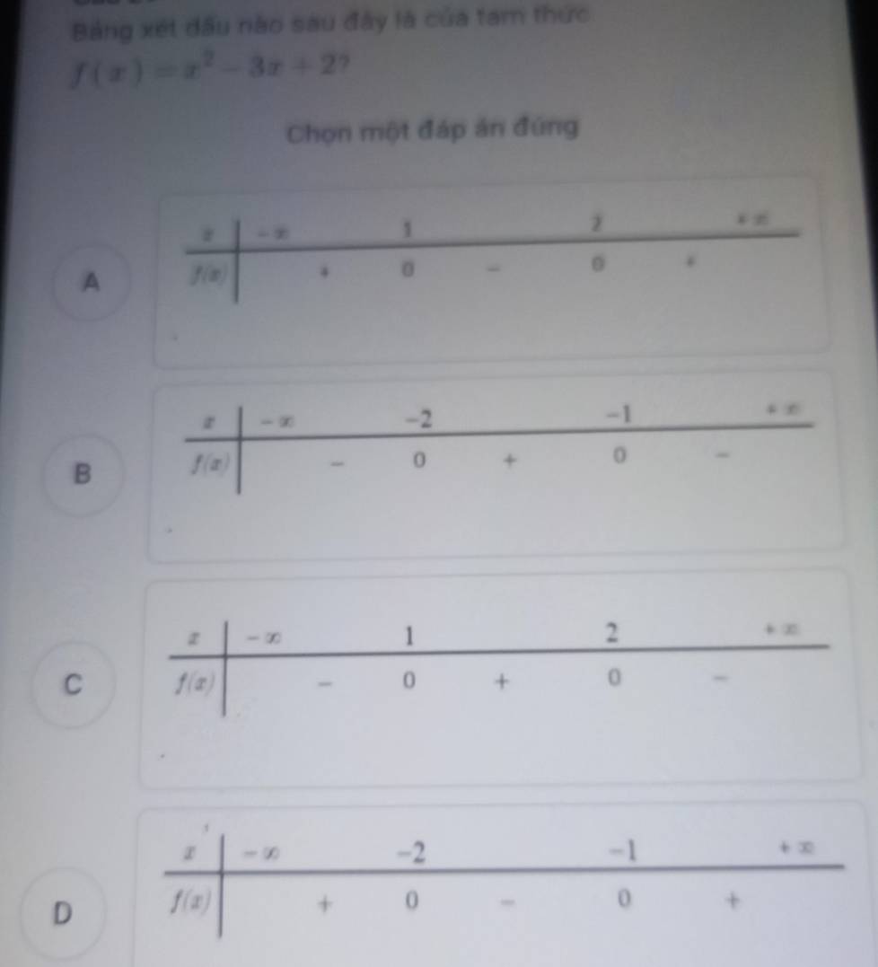 Bảng xét đầu nào sau đây là của tam thức
f(x)=x^2-3x+2 ?
Chọn một đáp án đúng
A
B
z -∞ 1 2 b.x
C f(x)
- 0 + 0
D