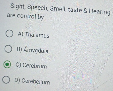 Sight, Speech, Smell, taste & Hearing
are control by
A) Thalamus
B) Åmygdala
C) Cerebrum
D) Cerebellum