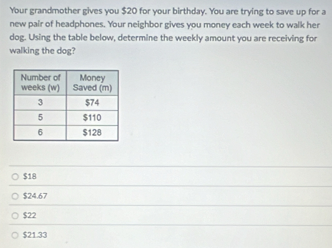 Your grandmother gives you $20 for your birthday. You are trying to save up for a
new pair of headphones. Your neighbor gives you money each week to walk her
dog. Using the table below, determine the weekly amount you are receiving for
walking the dog?
$18
$24.67
$22
$21.33