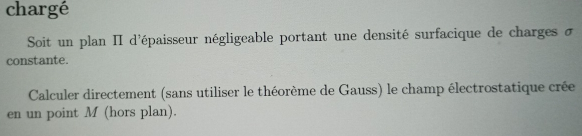 chargé 
Soit un plan II d'épaisseur négligeable portant une densité surfacique de charges σ
constante. 
Calculer directement (sans utiliser le théorème de Gauss) le champ électrostatique crée 
en un point M (hors plan).