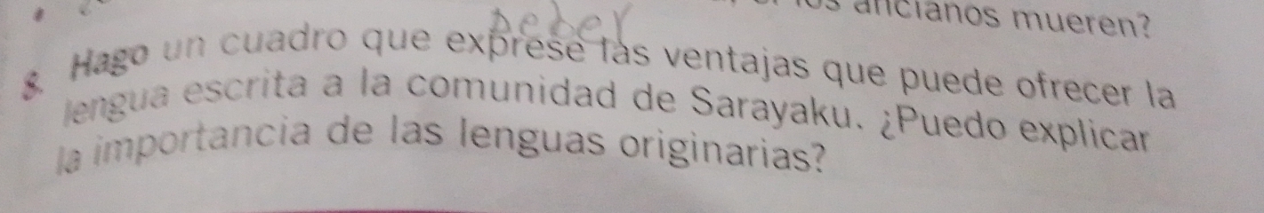 ancianos mueren? 
Hago un cuadro que expresé las ventajas que puede ofrecer la 
lengua escrita a la comunidad de Sarayaku. ¿Puedo explicar 
la importancia de las lenguas originarias?