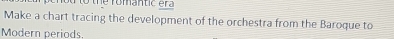 to the romantic era 
Make a chart tracing the development of the orchestra from the Baroque to 
Modern periods.