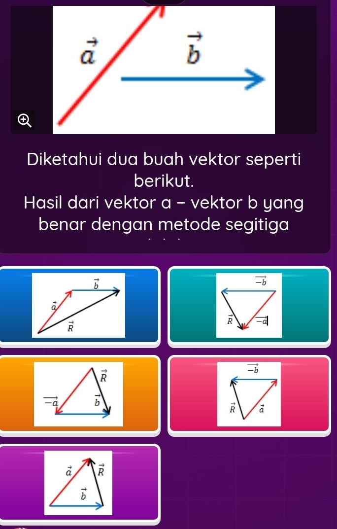 Diketahui dua buah vektor seperti
berikut.
Hasil dari vektor a - vektor b yang
benar dengan metode segitiga