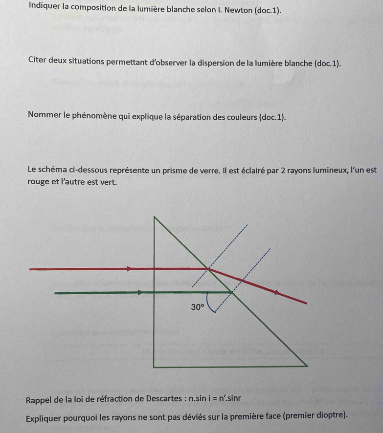 Indiquer la composition de la lumière blanche selon I. Newton (doc.1). 
Citer deux situations permettant d’observer la dispersion de la lumière blanche (doc.1). 
Nommer le phénomène qui explique la séparation des couleurs (doc.1). 
Le schéma ci-dessous représente un prisme de verre. Il est éclairé par 2 rayons lumineux, l'un est 
rouge et l'autre est vert.
30°
Rappel de la loi de réfraction de Descartes : n.sin i=n'.sin r
Expliquer pourquoi les rayons ne sont pas déviés sur la première face (premier dioptre).