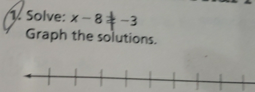 Solve: x-8!= -3
Graph the solutions.