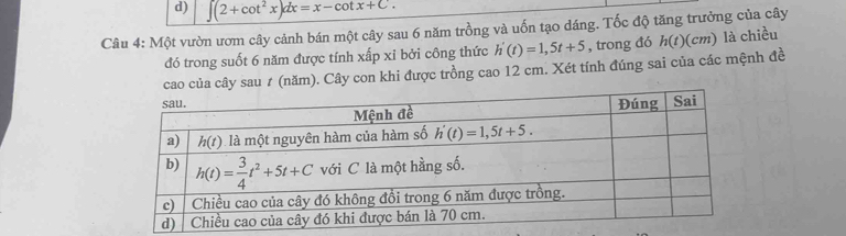 d) ∈t (2+cot^2x)dx=x-cot x+C.
Câu 4: Một vườn ươm cây cảnh bán một cây sau 6 năm trồng và uốn tạo dáng. Tốc độ tăng trưởng của cây
đó trong suốt 6 năm được tính xấp xỉ bởi công thức h'(t)=1,5t+5 , trong đó h(t)( cm) là chiều
cao của cây sau ≠ (năm). Cây con khi được trồng cao 12 cm. Xét tính đúng sai của các mệnh đề