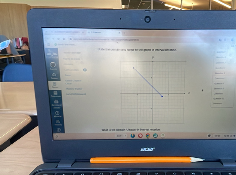 S2 Seenta 
comytns msmact ure comssoses" t77351/ vsagnoent 6/2205640 
State the domain and range of the graph in interval notation. Quon 1 
Question 3 
Qunstion ) 
Camtion 4 
Znom= 
Queston 6 
A ate Cs Question / 
Mastory TFrucherQuettion II 
Laod UmurdQuestion 9 
Quesition 10 
Sunemary 
What is the domain? Answer in interval notation. 
Gat 24 D u