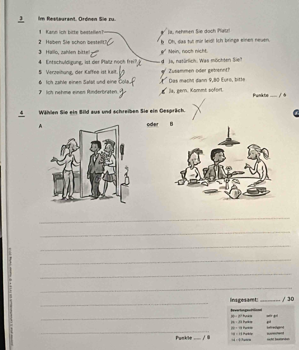 Im Restaurant. Ordnen Sie zu.
1 Kann ich bitte bestellen 。 Ja, nehmen Sie doch Platz!
2 Haben Sie schon bestellt? b Oh, das tut mir leid! Ich bringe einen neuen.
3 Hallo, zahlen bitte! Nein, noch nicht.
4 Entschuldigung, ist der Platz noch frei? d Ja, natürlich. Was möchten Sie?
5 Verzeihung, der Kaffee ist kalt. o Zusammen oder getrennt?
6 Ich zahle einen Salat und eine Cola Das macht dann 9,80 Euro, bitte
7 Ich nehme einen Rinderbraten. Ja, gern. Kommt sofort.
Punkte / 6
4 Wählen Sie ein Bild aus und schreiben Sie ein Gespräch.
A
oder 
_
_
_
_
_
_
_Insgesamt: _/ 30
Bewertungsschlüssel
_30- 27 Punkte sehr gut
26 - 23 Purikte gut
_ 22 - 19 Punkts befriedigand
18 - 15 Punkte ausreichend
Punkte ..... / 8 1 4 - 0 Punicte nicht bestanden