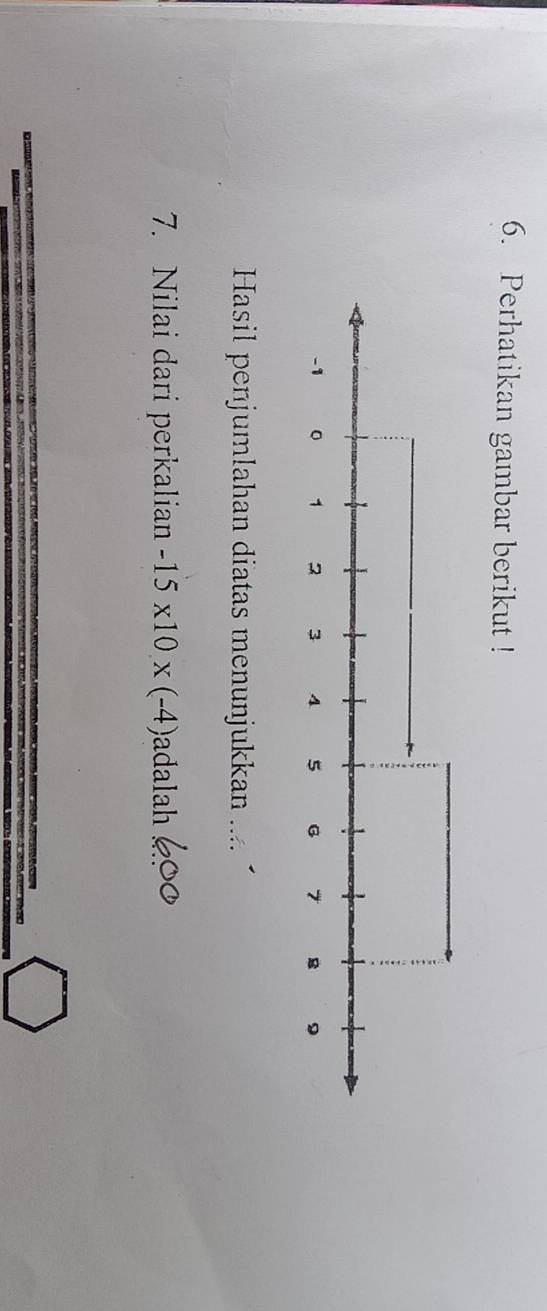 Perhatikan gambar berikut ! 
Hasil penjumlahan diatas menunjukkan .... 
7. Nilai dari perkalian -15* 10* (-4) adalah