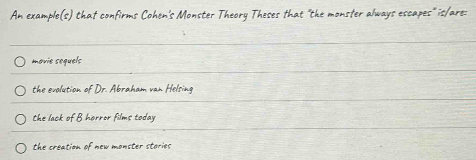 Solved: An example(s) that confirms Cohen's Monster Theory Theses that ...