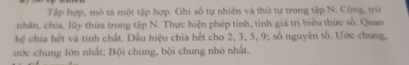 Tập hợp, mô tả một tập hợp. Ghi số tự nhiên và thứ tự trong tập N. Cộng, trừ 
nhân, chia, lũy thừa trong tập N. Thực hiện phép tính, tính giá trị biểu thức số. Quan 
hệ chia hết và tính chất. Dầu hiệu chia hết cho 2, 3, 5, 9; số nguyên tổ. Ước chung. 
ước chung lớn nhất; Bội chung, bội chung nhỏ nhất.