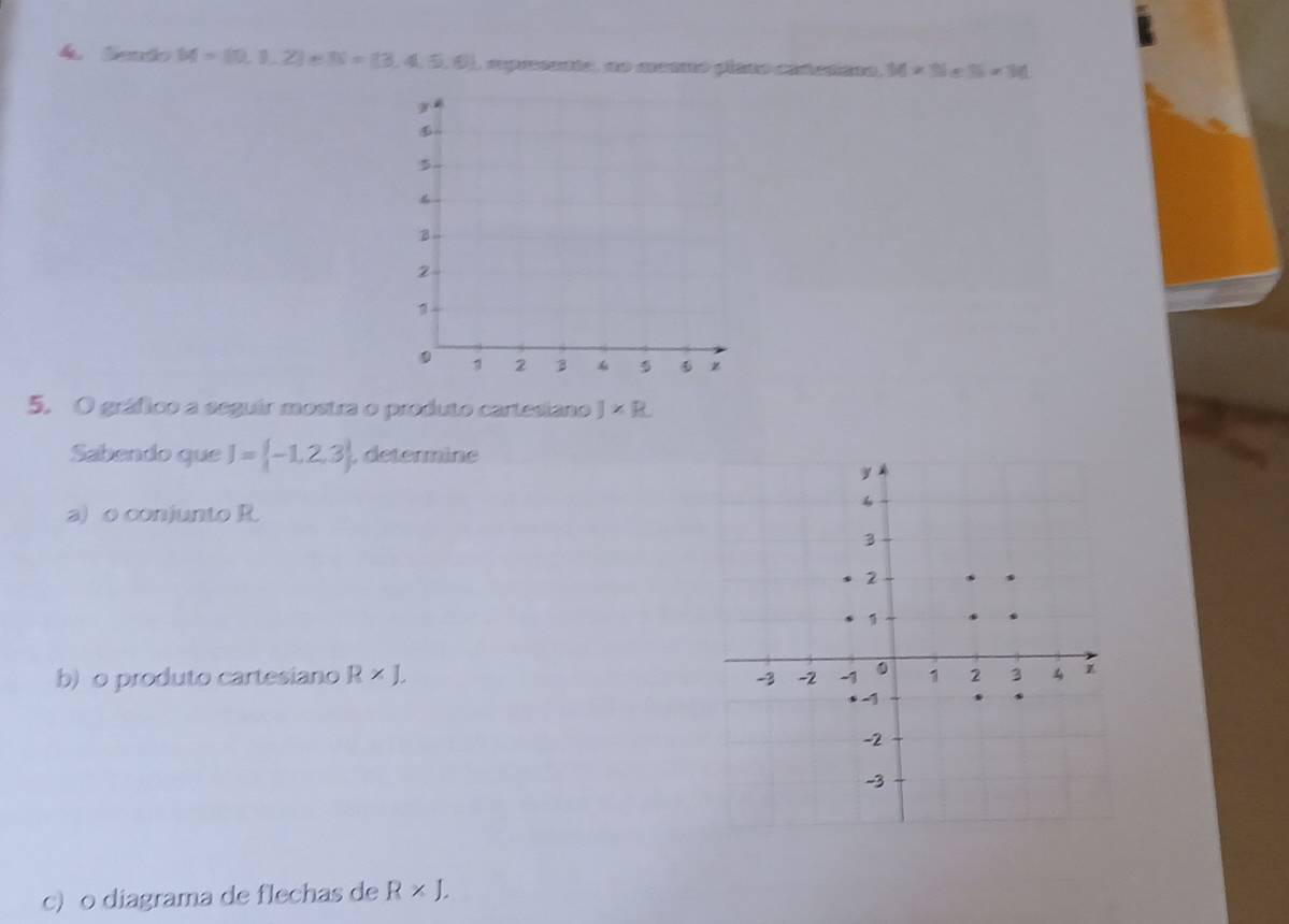 Senão M= 0,1,2 IS=(3,4,5,6) paetio, do astato pít catatan, 14* 9ie3i* M
5. O gráfico a seguir mostra o produto cartesiano J* R
Sabendo que J= -1,2,3 , determine 
a) o conjunto R
b) o produto cartesiano R* J. 
c) o diagrama de flechas de R* J.