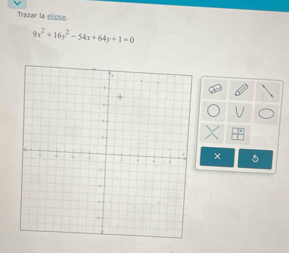 Trazar la elipse.
9x^2+16y^2-54x+64y+1=0
V 
x 

×