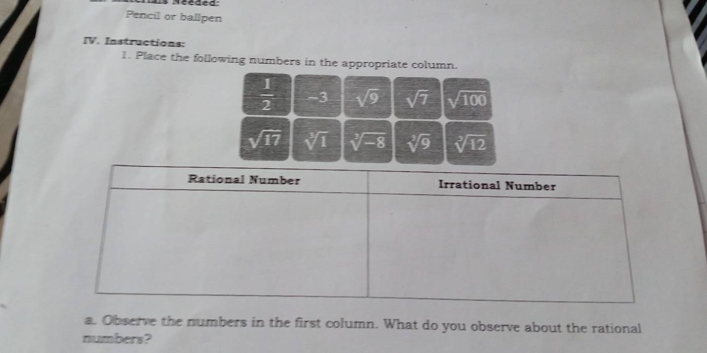 Pencil or ballpen 
IV. Instructions: 
1. Place the following numbers in the appropriate column.
 1/2  3 sqrt(9) sqrt(7) sqrt(100)
sqrt(17) sqrt[3](1) sqrt[3](-8) sqrt[3](9) sqrt[3](12)
a. Observe the numbers in the first column. What do you observe about the rational 
numbers?