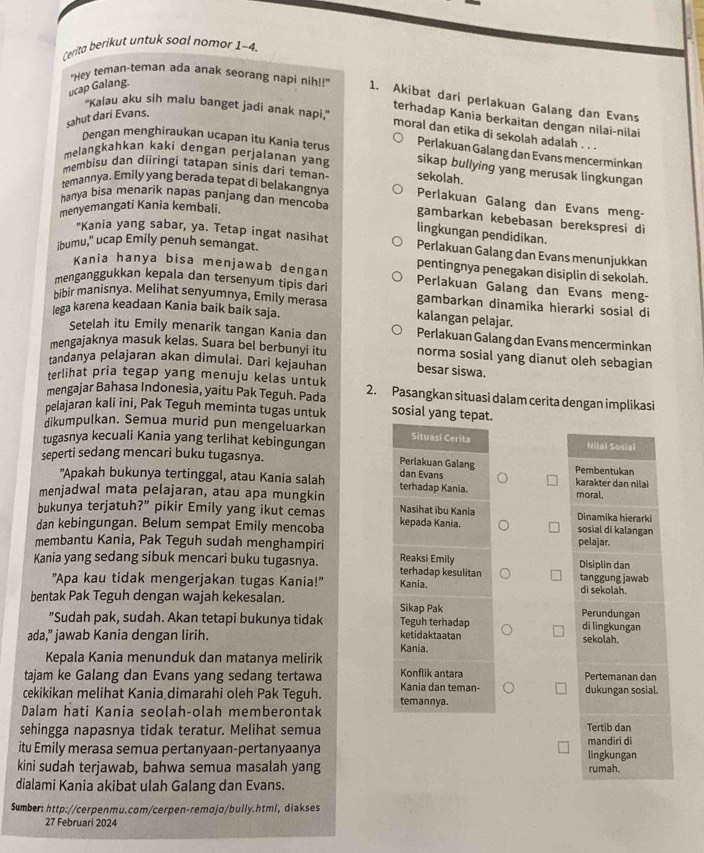 Cerita berikut untuk soal nomar 1-4.
ucap Galang.
"Hey teman-teman ada anak seorang napi nih!!" 1. Akibat dari perlakuan Galang dan Evans
"Kalau aku sih malu banget jadi anak napi," terhadap Kania berkaitan dengan nilai-nilai
sahut dari Evans.
moral dan etika di sekolah adalah . . .
Dengan menghiraukan ucapan itu Kania terus Perlakuan Galang dan Evans mencerminkan
melangkahkan kaki dengan perjalanan yang sikap bullying yang merusak lingkungan
membisu dan diiringi tatapan sinis dari teman sekolah.
temannya. Emily yang berada tepat di belakangnya Perlakuan Galang dan Evans meng-
menyemangati Kania kembali.
hanya bisa menarik napas panjang dan mencoba gambarkan kebebasan berekspresi di
lingkungan pendidikan.
"Kania yang sabar, ya. Tetap ingat nasihat Perlakuan Galang dan Evans menunjukkan
ibumu,” ucap Emily penuh semangat.
pentingnya penegakan disiplin di sekolah.
Kania hanya bisa menjawab dengan Perlakuan Galang dan Evans meng-
menganggukkan kepala dan tersenyum tipis dari gambarkan dinamika hierarki sosial di
bibir manisnya. Melihat senyumnya, Emily merasa kalangan pelajar.
lega karena keadaan Kania baik baik saja.
Setelah itu Emily menarik tangan Kania dan Perlakuan Galang dan Evans mencerminkan
mengajaknya masuk kelas. Suara bel berbunyi itu norma sosial yang dianut oleh sebagian
tandanya pelajaran akan dimulai. Dari kejauhan besar siswa.
terlihat pria tegap yang menuju kelas untuk
mengajar Bahasa Indonesia, yaitu Pak Teguh. Pada 2. Pasangkan situasi dalam cerita dengan implikasi
pelajaran kali ini, Pak Teguh meminta tugas untuk sosial yang tepat.
dikumpulkan. Semua murid pun mengeluarkan Situasi Cerita Nilai Sosial
tugasnya kecuali Kania yang terlihat kebingungan Perlakuan Galang Pembentukan
seperti sedang mencari buku tugasnya.
dan Evans
"Apakah bukunya tertinggal, atau Kania salah terhadap Kania. karakter dan nilai
menjadwal mata pelajaran, atau apa mungkin moral.
bukunya terjatuh?” pikir Emily yang ikut cemas Nasihat ibu Kania Dinamika hierarki
dan kebingungan. Belum sempat Emily mencoba kepada Kania. sosial di kalangan
pelajar.
membantu Kania, Pak Teguh sudah menghampiri Reaksi Emily
Kania yang sedang sibuk mencari buku tugasnya. terhadap kesulitan tanggung jawab Disiplin dan
"Apa kau tidak mengerjakan tugas Kania!" Kania. di sekolah.
bentak Pak Teguh dengan wajah kekesalan. Perundungan
Sikap Pak
"Sudah pak, sudah. Akan tetapi bukunya tidak Teguh terhadap di lingkungan
ada,” jawab Kania dengan lirih. ketidaktaatan Kania. sekolah.
Kepala Kania menunduk dan matanya melirik Konflik antara
tajam ke Galang dan Evans yang sedang tertawa Kania dan teman- Pertemanan dan
cekikikan melihat Kania dimarahi oleh Pak Teguh. temannya. dukungan sosial.
Dalam hati Kania seolah-olah memberontak
sehingga napasnya tidak teratur. Melihat semua Tertib dan
itu Emily merasa semua pertanyaan-pertanyaanya mandiri di lingkungan
kini sudah terjawab, bahwa semua masalah yang rumah.
dialami Kania akibat ulah Galang dan Evans.
Sumber: http://cerpenmu.com/cerpen-remɑjɑ/bully.html, diakses
27 Februari 2024