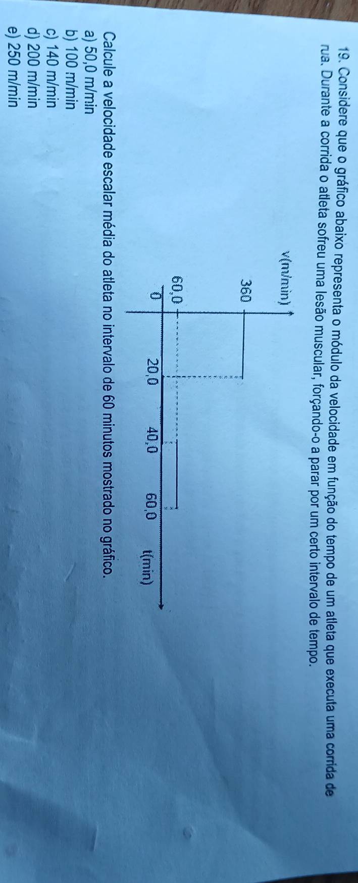 Considere que o gráfico abaixo representa o módulo da velocidade em função do tempo de um atleta que executa uma corrida de
rua. Durante a corrida o atleta sofreu uma lesão muscular, forçando-o a parar por um certo intervalo de tempo.
Calcule a velocidade escalar média do atleta no intervalo de 60 minutos mostrado no gráfico.
a) 50,0 m/min
b) 100 m/min
c) 140 m/min
d) 200 m/min
e) 250 m/min