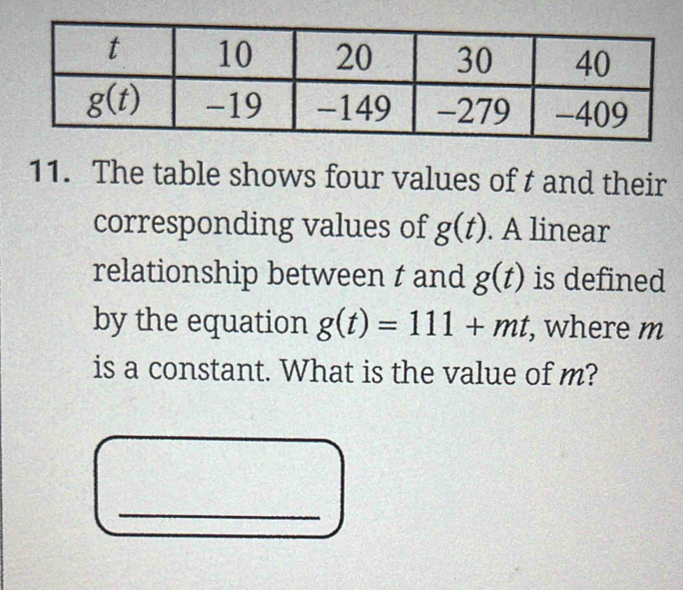 The table shows four values of t and their
corresponding values of g(t). A linear
relationship between f and g(t) is defined
by the equation g(t)=111+mt , where m
is a constant. What is the value of m?
_