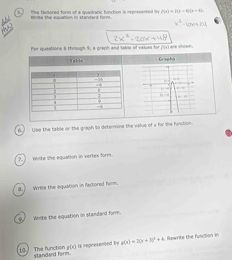 ) The factored form of a quadratic function is represented by f(x)=2(x-4)(x-6). 
_ 
Write the equation in standard form. 
_ 
For questions 6 through 9, a graph and table of values for f(x) are shown. 
Table Graphs
-(3,9)
(2,0
(1,0)
(1,-6) (),-6)
(0,-16) (6,-18)
6.) Use the table or the graph to determine the value of a for the function. 
7. Write the equation in vertex form. 
8.) Write the equation in factored form. 
9 Write the equation in standard form. 
10. The function g(x) is represented by g(x)=2(x+3)^2+4. Rewrite the function in 
standard form.