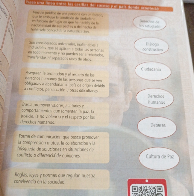 Traza una línea entre las casillas del suceso y el país donde aconteció 
Vínculo jurídico de una persona con un Estado, 
que le atribuye la condición de ciudadano Derechos de 
en función del lugar en que ha nacido, de la los refugiado 
nacionalidad de sus padres o del hecho de 
habérsele concedido la naturalización. 
W 
Son considerados universales, inalienables e 
Diálogo 
indivisibles, que se aplican a todas las personas constructivo 
en todo momento y no pueden ser arrebatados, 
transferidos ni separados unos de otros. 
Ciudadania 
Aseguran la protección y el respeto de los 
derechos humanos de las personas que se ven 
obligadas a abandonar su país de origen debido 
a conflictos, persecución u otras dificultades. 
Derechos 
Humanos 
Busca promover valores, actitudes y 
comportamientos que fomenten la paz, la 
justicia, la no violencia y el respeto por los 
derechos humanos. Deberes 
Forma de comunicación que busca promover 
la comprensión mutua, la colaboración y la 
búsqueda de soluciones en situaciones de 
conflicto o diferencia' de opiniones. Cultura de Paz 
Reglas, leyes y normas que regulan nuestra 
convivencia en la sociedad.