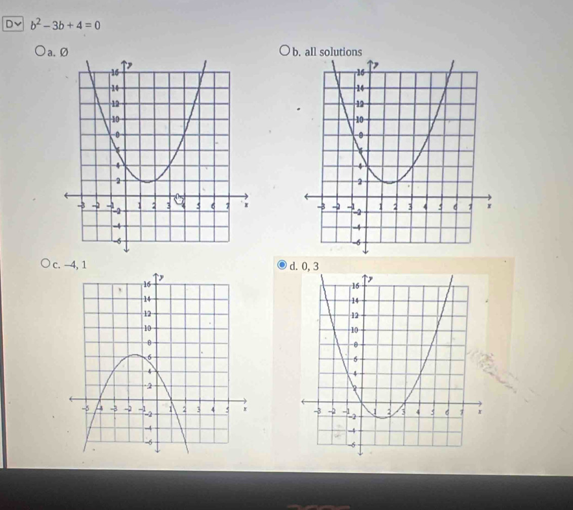 Dv b^2-3b+4=0
a. Øb. all solutions

c. d