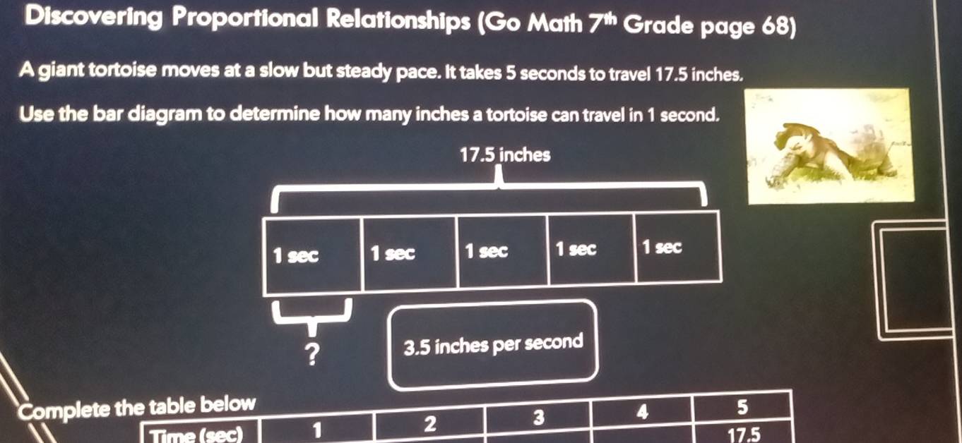 Discovering Proportional Relationships (Go Math 7^(th) Grade page 68) 
A giant tortoise moves at a slow but steady pace. It takes 5 seconds to travel 17.5 inches. 
Use the bar diagram to determine how many inches a tortoise can travel in 1 second. 
Complete the table below 5
2
3
4
Time c=d 1 175